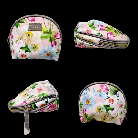 Betsey Johnson 7.5"t Vinyl Zip Gray Pink Floral Cosmetic Pouch Clutch NWOT - Picture 4 of 8